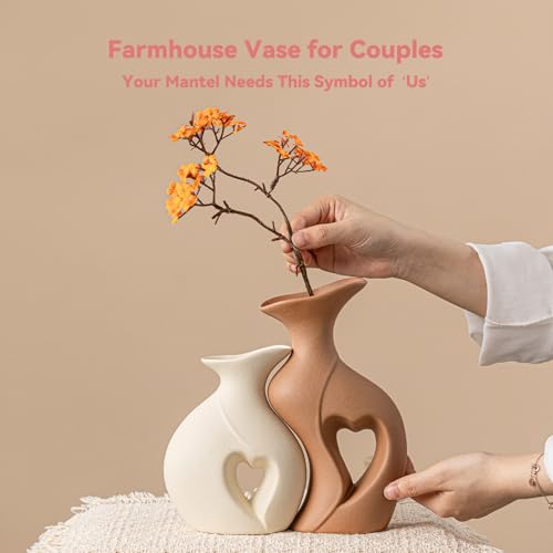 Heart Linked Couple Vase Set - 2-Pcs Beige & Brown Ceramic Vases with Hollow Heart Design, Romantic Gifts for Couples, Wed...