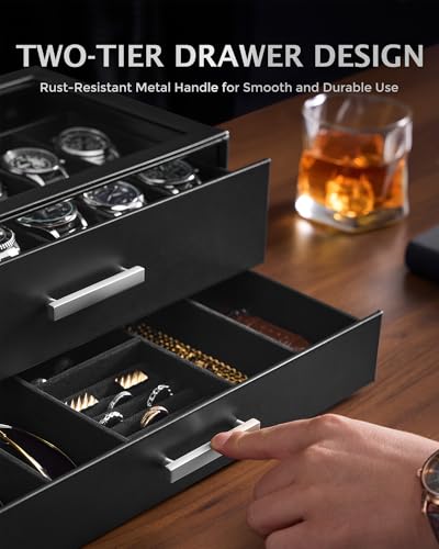ProCase 12-Slot Watch Box, 2-Tier Pull-Out Drawers Display Case for Men with Clear Top Lid, Watches Jewelry Sunglass Stora...
