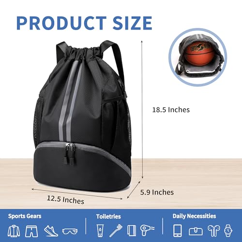JELUTAR Drawstring Backpack Gym Bag with Shoes Compartment for Soccer, Basketball, Swim, Water-Resistant String Backpack B...