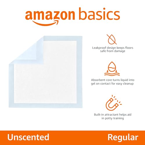 Amazon Basics Leak-Proof Dog and Puppy Potty Training Pee Pads with Quick-Dry 5-Layer Super Absorbent Design, Regular Size...