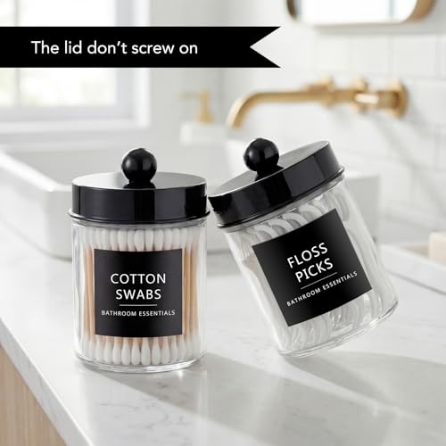 Amolliar 2 Pack Qtips Dispenser Holder - Bathroom Countertop Storage Organizer Containers - Glass Apothecary Jars with Bla...