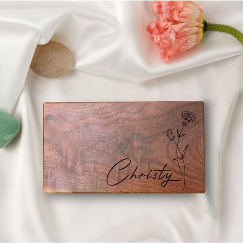 Personalized Jewelry Box Gifts for Women Custom Birthday Wooden Jewelry Box Gifts with Birth Month Flower Walnut Wood Trin...