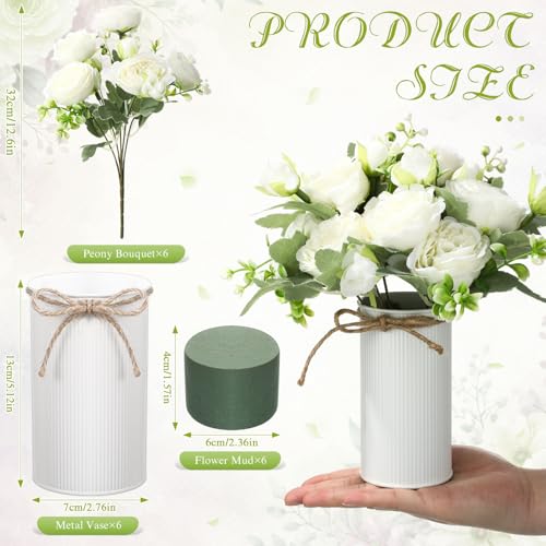 Domensi 6 Sets Wedding Floral Centerpiece for Table Decor, Artificial Peonies Silk Flowers Bouquet with Flower Foam and Me...