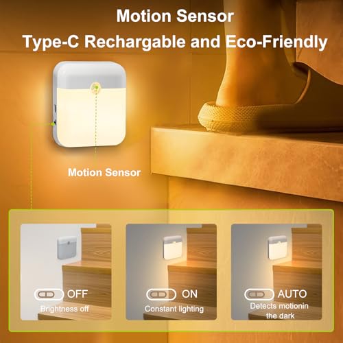QIHANS 2 Pack Motion Sensor Night Light, Rechargeable Battery Night Lights Warm White, Portable Mini Motion Activated Nigh...