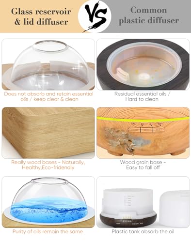 Glass Dome Essential Oil Diffuser with Glass Reservoir & Wood Base-No Plastic, 200ml Ultrasonic Diffuser for Aromatherapy ...
