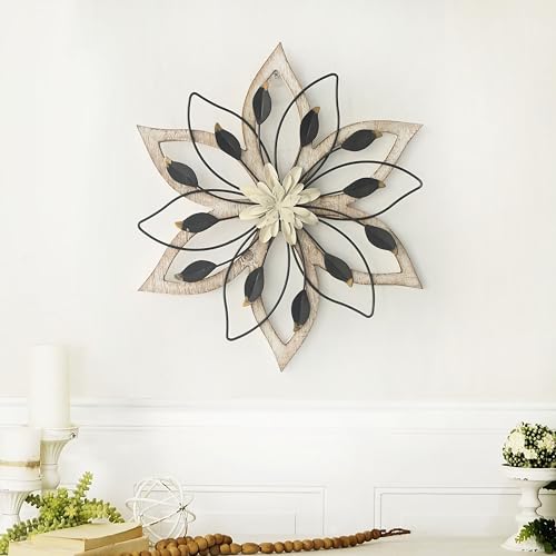 Remenna Whitewash Flowers Wood Wall Decor, Metal Rustic Wall Art Farmhouse Wall Decorations Multiple Floral Hanging Decor ...