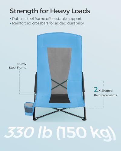 SONGMICS Set of 2 Portable Beach Chairs for Adults, Max. Load 330 lb Each, High Backrest, Cup Holder, Lightweight, Heavy-D...