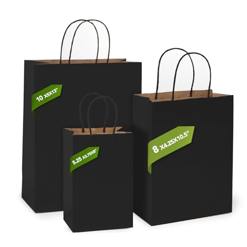 MESHA Black Gift Bags 5.25x3.75x8 Inch Small Kraft Paper Bags with Handles Bulk,100 Pack for Small Business,Wedding Party ...