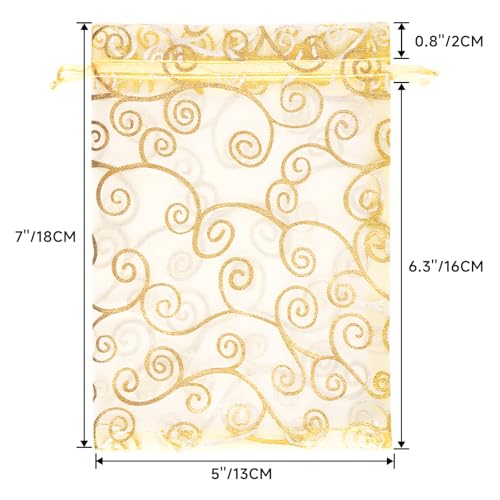 G2PLUS Organza Gift Bags 5x7 Inches - 50Pcs Sheer Mesh Organza Bags with Gold Rattan Printed, Drawstring Tulle Jewelry Pou...