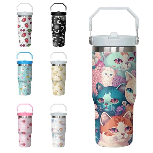 Xchearser Tumbler with Handle and Flip Straw for Women Men, 30oz Cute Cat Stainless Steel Insulated Cup, Water Bottle Trav...