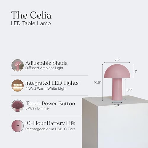 Brightech Celia Mood Lamp – 10" Touch-Controlled Mushroom Table Lamp, Cordless & Dimmable LED, Portable & Rechargeable Bed...