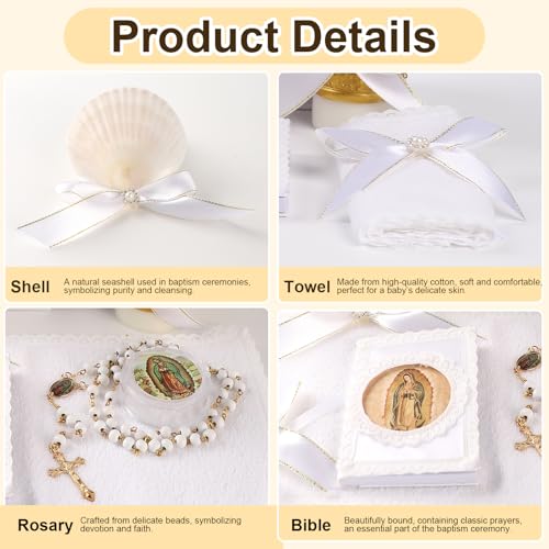 Baptism Candle Set for Boys and Girls,5 PCS Baptism Kit Virgen De Guadalupe Catholic Candle,Towel,Shell,Rosary,Bible for B...