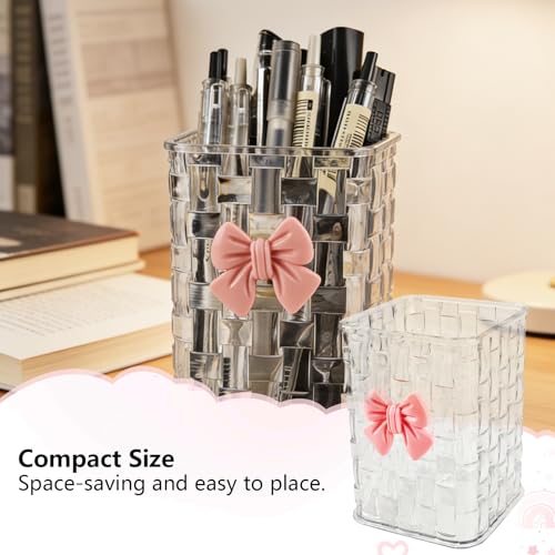 Nirvany Acrylic Pen Holder for Desk, Cute Clear Pencil Organizer & Makeup Brush Holder with Bow Back To School Accessories...