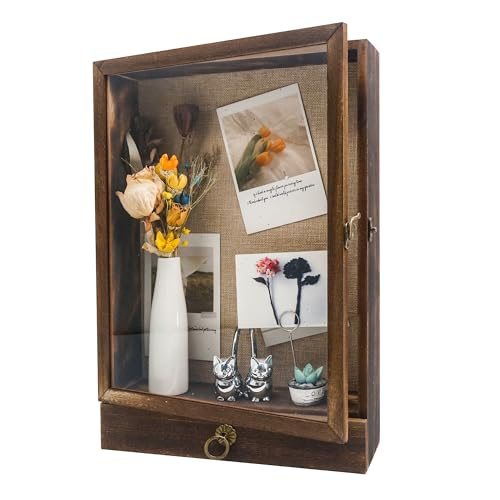 FramePro 11x16 Deep Shadow Box Frame with Drawer and Soft Line Back, Wooden Display Case Memory Box Real Glass for Keepsak...