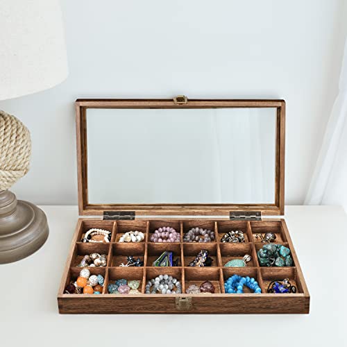 MOOCA Wooden Jewelry Display and Beads Display Storage Case with Tempered Glass Lid , 18 Compartments, 15" W x 8 3/8" L x ...