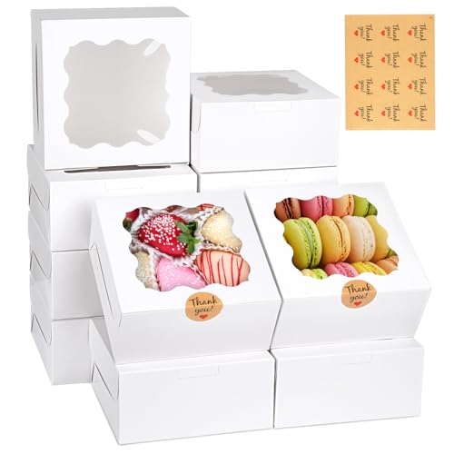 WINKIO 12 Pieces Cookie Boxes with Window, 6×6×3 Inches Treat Boxes for Bakery Dessert Pastry Mini Cake Favor Donut Baked ...