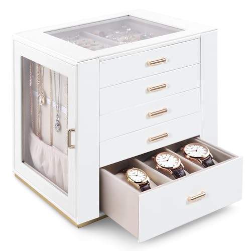 GUOER Jewelry Box 5 Layer for Women, Glass Lid Jewelry Organizer with 5 Drawers for Necklaces Rings Earrings Bracelets, Fu...