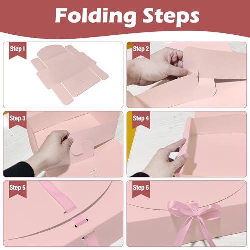 BoShahai 10 PCS Gift Boxes with Lids, 10.6x7.8x3.1 Inch Kraft Paper Gift Box, pink with Ribbon, Bridesmaid Proposal Box fo...
