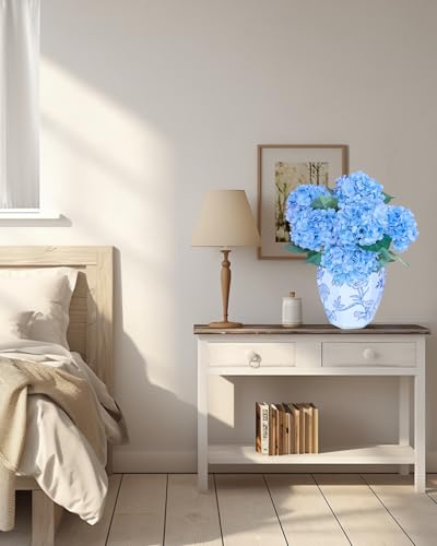 LA.PONEE 6PCS Premium Blue Silk Hydrangea Artificial Flowers Bouquets - Realistic Fake Hydrangea with Stems, Faux Flower A...