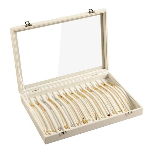 Frebeauty 15 Hooks Necklace Tray Velvet Neckalce Organizer with Clear Lid Lockable Necklace Holder Box Jewelry Organizer f...
