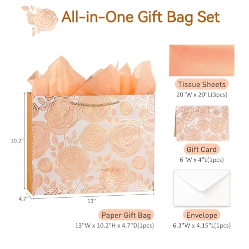 SUNCOLOR Large Gift Bag with Tissue Paper and Card, Rose Gold, Large 13W x 10.2H x 4.7D inches, for Wedding, Bridal Showe...