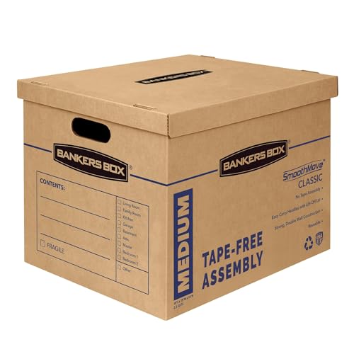 Bankers Box Medium Classic Moving Box 8 Pack, Reinforced Handles, Tape-Free Assembly, Box with Lid, 19-in x 14.5-in x 15....