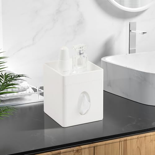 Cretkhp Tissue Box Cover, PU Leather Square Tissue Box Holder with Storage Tray for Bathroom Vanity Countertop Night Stand...