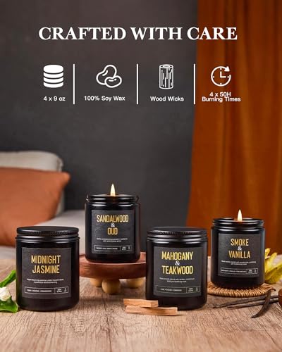 Crackling Wood Wick Candles for Men: 4 Pack 36oz Soy Scented Candles for Home Scented, Up to 200H Burning, Masculine Mens ...