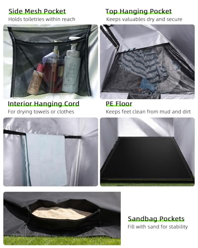 PZT Large Shower Tent, Portable Privacy Tent with Mesh Floor & Carrying Bag, Lightweight & Sturdy, Easy Set Up, Portable C...