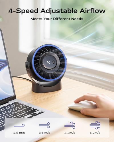 SWEETFULL USB Small Desk Fan - 5 Inch Mini Personal Desktop Fan, 4 Speeds Cooling Strong Airflow, 360° Adjustable Tilt, Qu...