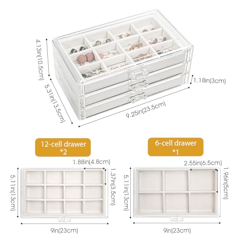 ProCase Earring Holder Organizer Jewelry Box with 3 Drawers, Acrylic Clear Earring Case with Adjustable Velvet Trays for W...