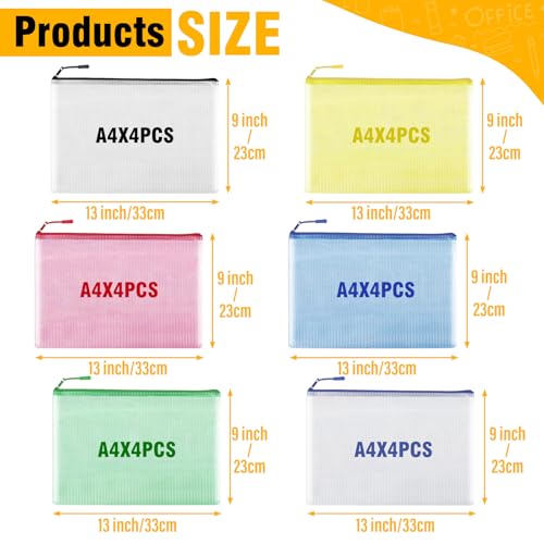 24pcs Mesh Zipper Pouch Bags A4 Zipper Bags for Classroom Organization, Waterproof Document Zipper Pouches for Cosmetics, ...