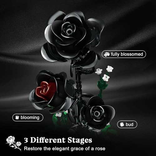 HiWEEGO Flower Building Set with LED Light - 232 PCS Black Rose Building Blocks Kit with Dust Cover, Gift for Mothers Day ...