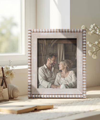 Afuly 8x10 Farmhouse Picture Frame Boho White Beads Photo Frame Wooden Distressed Wall Hanging Desk Standing Decor Artwork...