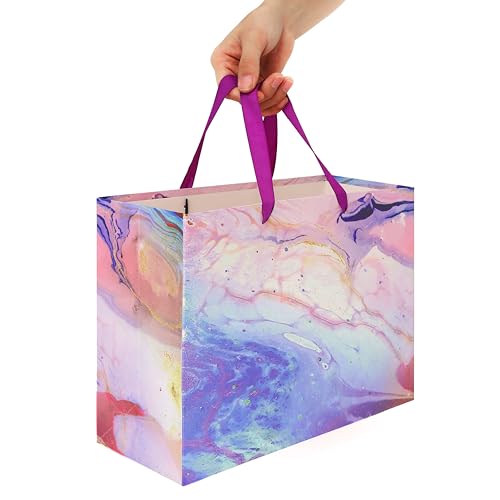 13" Large Purple and Red Gift Bag Set with Greeting Card and Tissue Paper(Marble Design) for Celebrating Birthdays, Mothe...