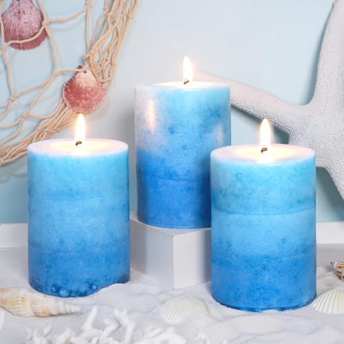 3x4 Inche Pillar Candles Ocean Scented Aromatherapy Candles Long Lasting Burn Blue Mottled 3-Layered Candles for Home Scen...