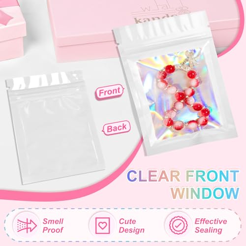 ANZNKU 100 Pack Holographic Bags, Smell Proof Packaging Bag, Clear Window Resealable Goodie Pouch Mylar Bags for Food Stor...
