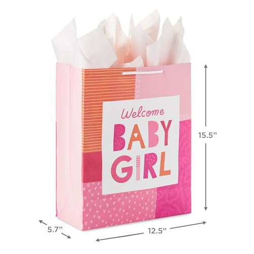 Hallmark 15" Extra Large Gift Bag with Card and Tissue Paper for Baby Shower (Welcome Baby Girl, Pink and Orange) for New ...