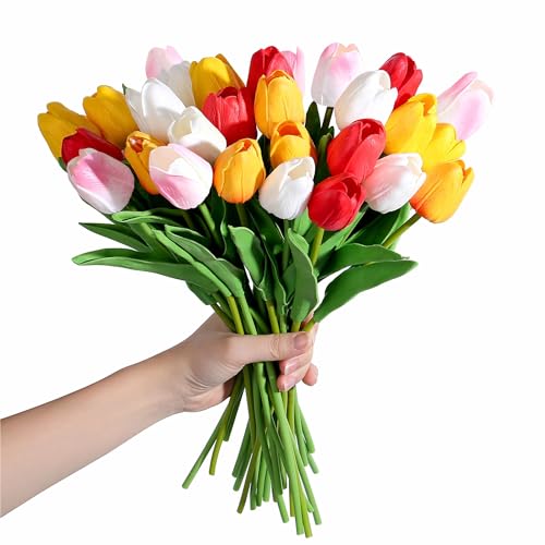 SITUMEIZI Fake Flowers Tulips Artificial Flower 15pcs Real Touch PU 14" for Spring Easter Home Kitchen Wedding Bouquet Bul...