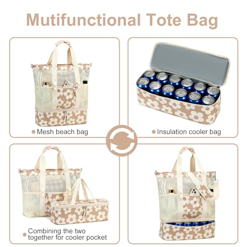 Bluboon Mesh Beach Tote Bag with Cooler Compartment Insulated Detachable Picnic Bag with Zipper and Pocket Pool Bag for Women