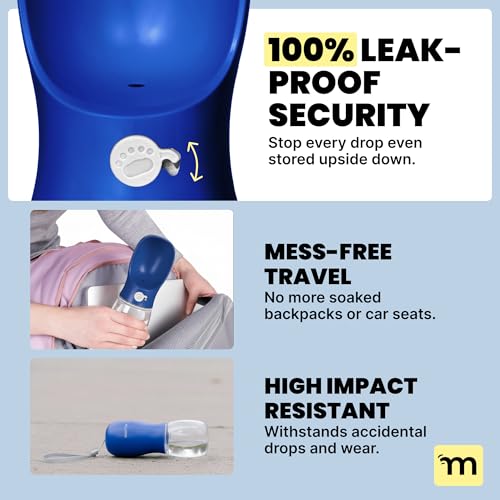 MalsiPree Dog Water Bottle Dispenser for Walks - 12 oz Navy Blue - Leak-Proof Lock & One-Hand Operation - On the Go Dog Wa...