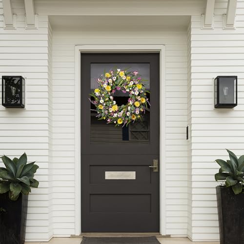 Sggvecsy Daisy and Lavender Wreath 24’’ Wildflower Wreath Spring and Summer Artificial Spring Silk Summer for Front Door H...
