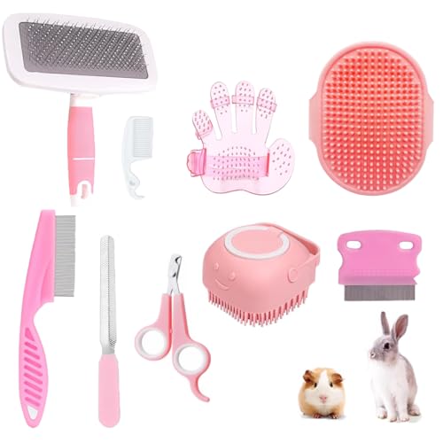 9PCS Small Animal Grooming Kit, Cleaning Brush Removes Loose Hair, Pet Bath Brush,Shampoo Brush, Nail Clipper, Flea Comb F...