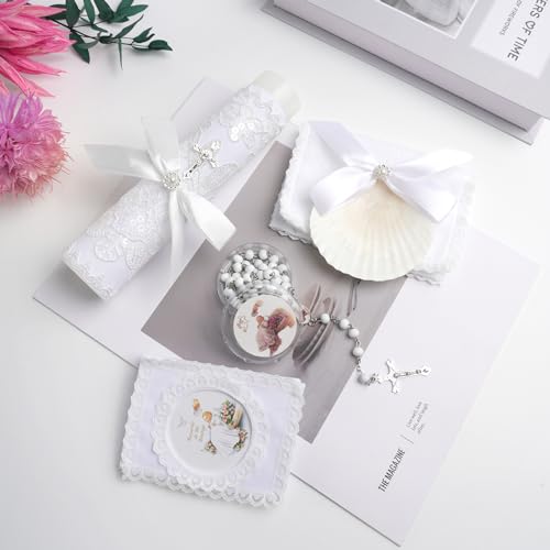 Baptism Candle Set for Boys Girls,5 PCS Baptism Kit Catholic Candle,Baptism Towel,Baptismal Shell,Rosary,Bible for Baby De...