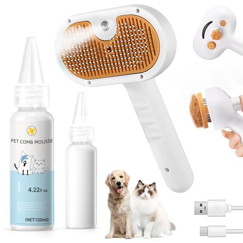 Pet Steam Brush for Dog & Cat – 3-in-1 Spray Hair Removal Comb – Steam for Shedding & Grooming – Water Brush for Long & Sh...