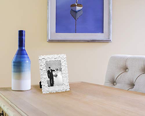 Laura Ashley 4x6 White Flower Textured Hand-Crafted Resin Picture Frame w/Easel & Hook for Tabletop & Wall Display, Decora...