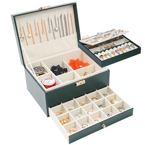 Song Xi Jewelry Box for Women Girl Wife - Large PU Leather Jewelry Organizer Storage Case with Two Layers Display for Earr...