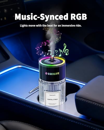 SSCILIFE Smart Car Air Freshener with Auto Sensor, Car Aroma Diffuser with RGB Music Syncing Light & Starry Sky Projectio...