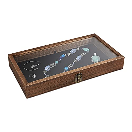 MOOCA Wooden Jewelry Display Case with Tempered Glass Lid and Removable Black Luxurious MDF Velvet Jewelry Display Pad, Po...