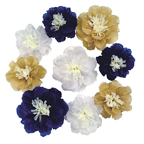 Mybbshower 12 PCS Navy Blue Gold Tissue Paper Flowers for Birthday Baby Bridal Shower Wedding Bachelorette Navy Blue Anniv...